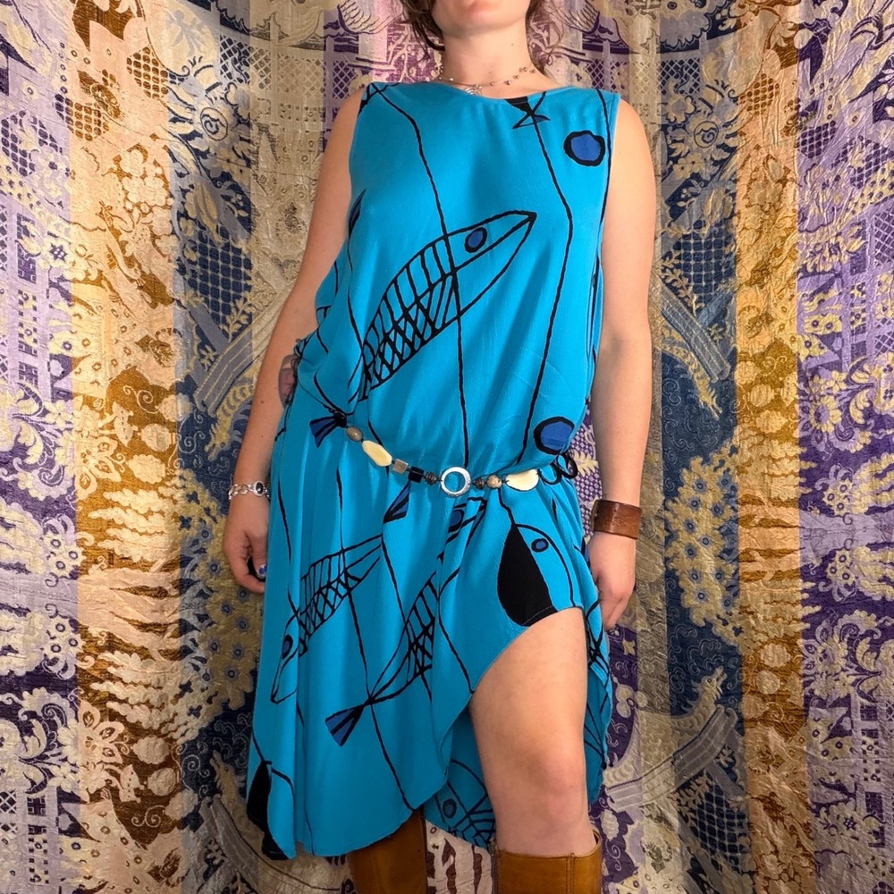 Boho Turquoise Sardine Print Asymmetrical Hem Dress Dress Size L Fisherman Indie